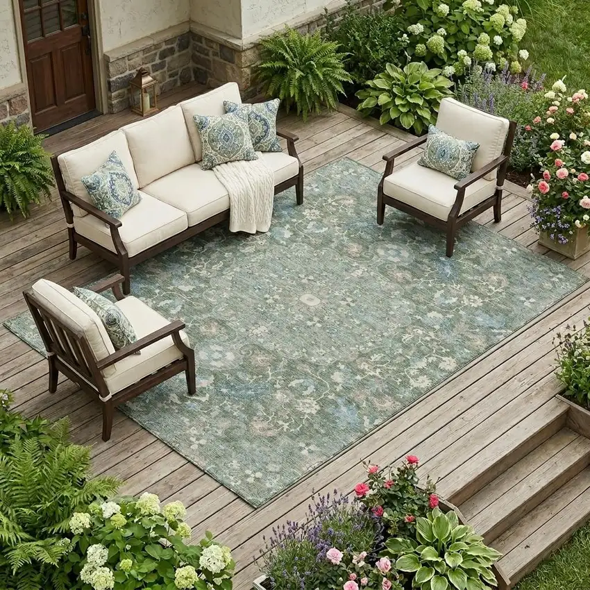 Green And Beige Floral Medallion Washable Indoor Outdoor Area Rug Photo 1