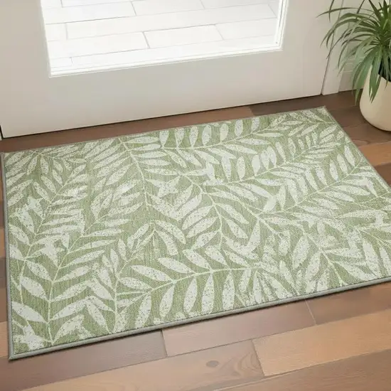 Green And Beige Floral Washable Area Rug With UV Protection Photo 2