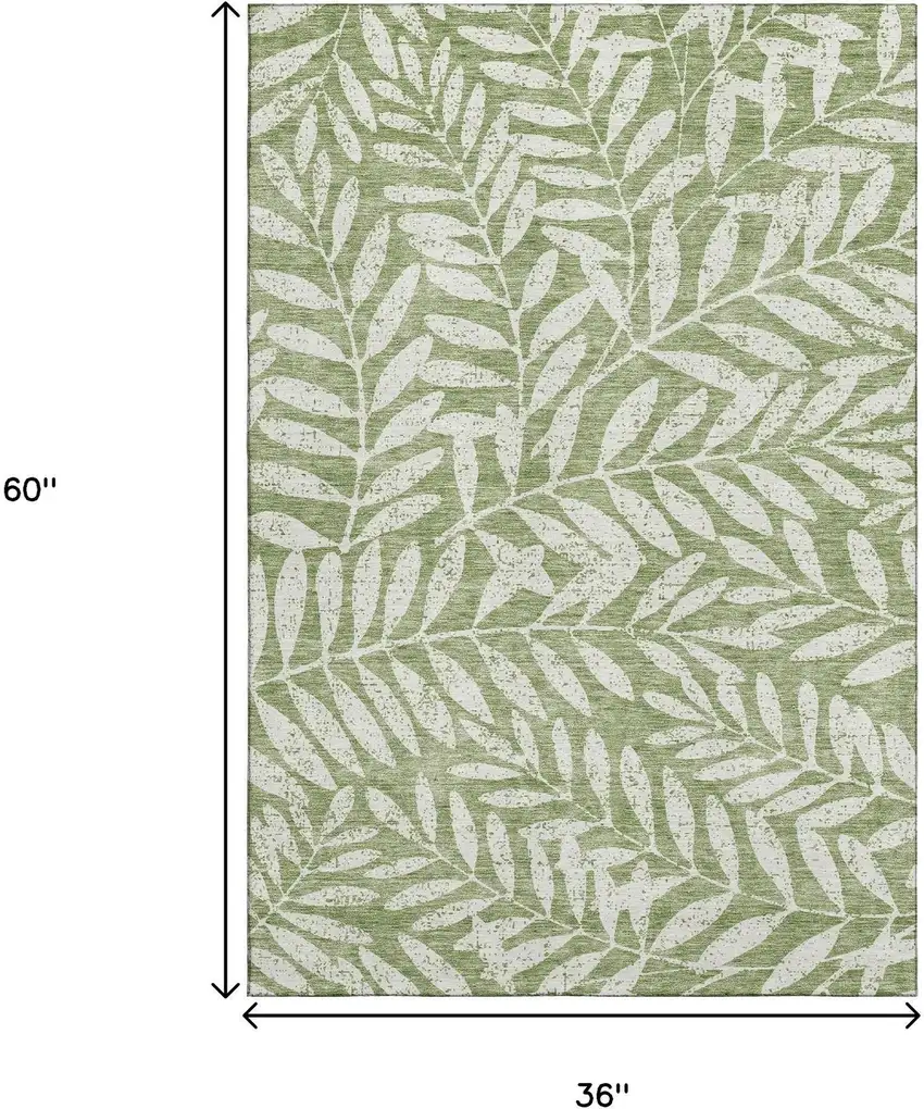 Green And Beige Floral Washable Area Rug With UV Protection Photo 3