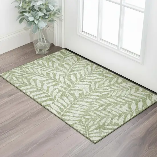 Green And Beige Floral Washable Area Rug With UV Protection Photo 1