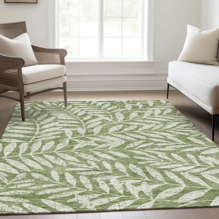 Green And Beige Floral Washable Area Rug With UV Protection Photo 5
