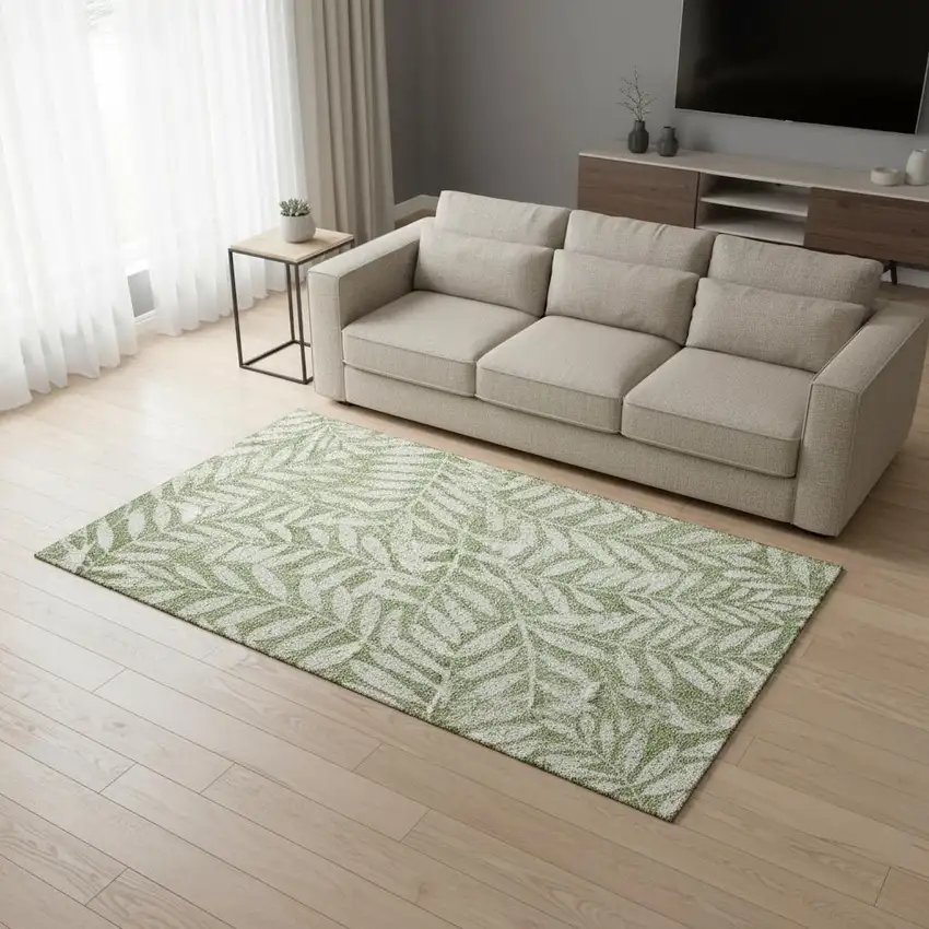 Green And Beige Floral Washable Area Rug With UV Protection Photo 2