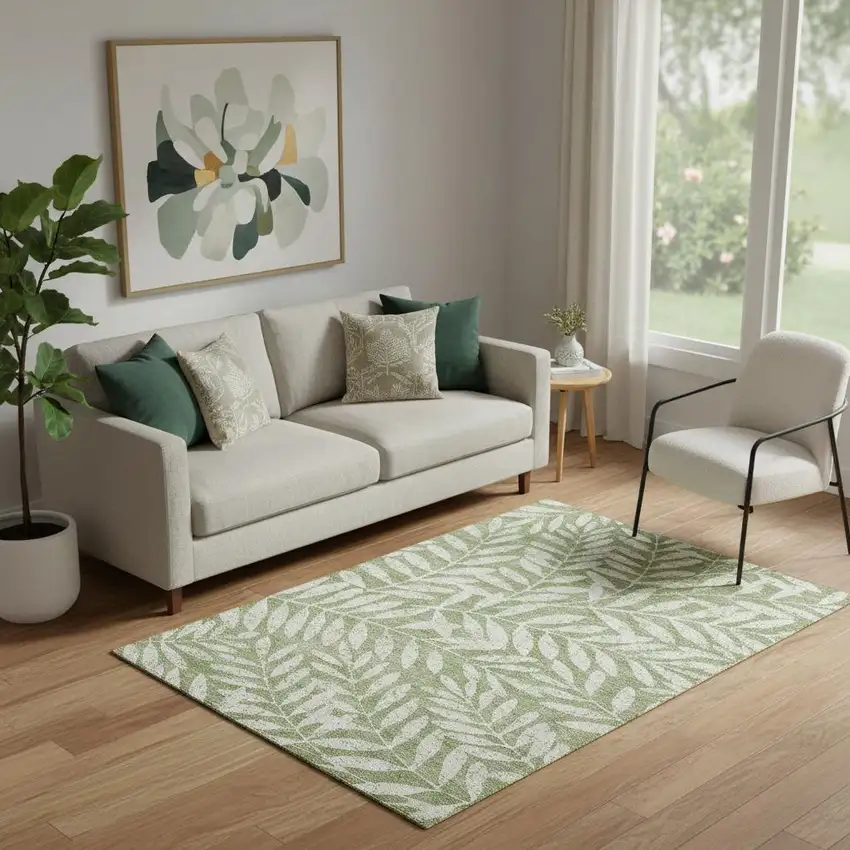 Green And Beige Floral Washable Area Rug With UV Protection Photo 1