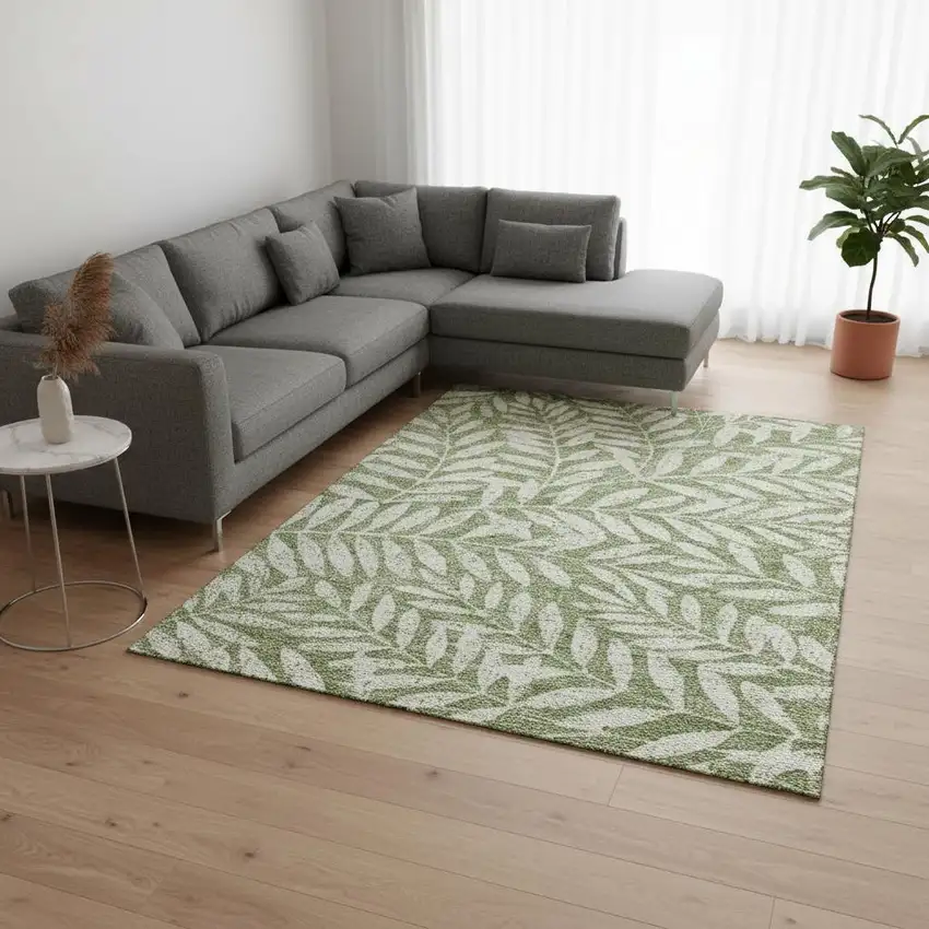 Green And Beige Floral Washable Area Rug With UV Protection Photo 2