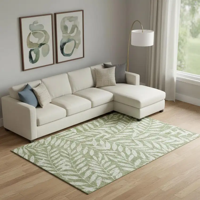 Green And Beige Floral Washable Area Rug With UV Protection Photo 1