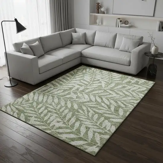 Green And Beige Floral Washable Area Rug With UV Protection Photo 2