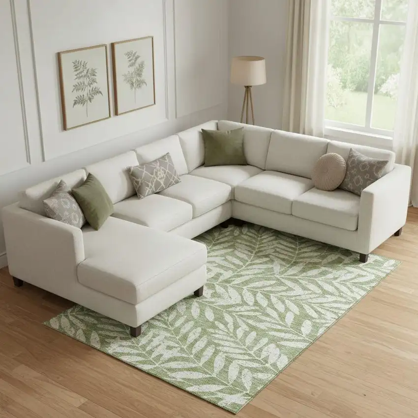 Green And Beige Floral Washable Area Rug With UV Protection Photo 1