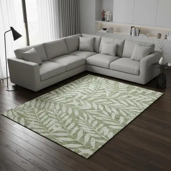 Green And Beige Floral Washable Area Rug With UV Protection Photo 2