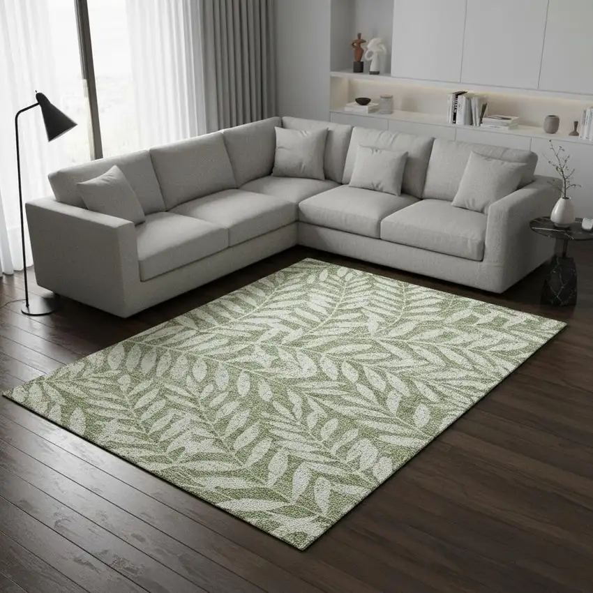 Green And Beige Floral Washable Area Rug With UV Protection Photo 2