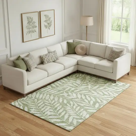 Green And Beige Floral Washable Area Rug With UV Protection Photo 1