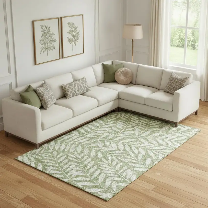 Green And Beige Floral Washable Area Rug With UV Protection Photo 1