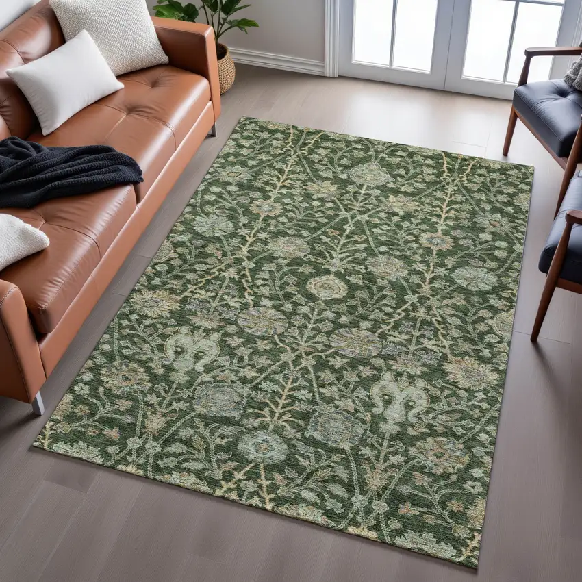 Green And Beige Floral Washable Area Rug With UV Protection Photo 6