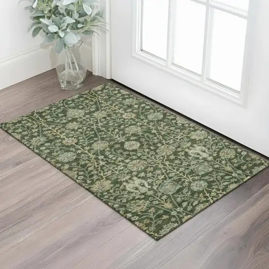 Green And Beige Floral Washable Area Rug With UV Protection Photo 2