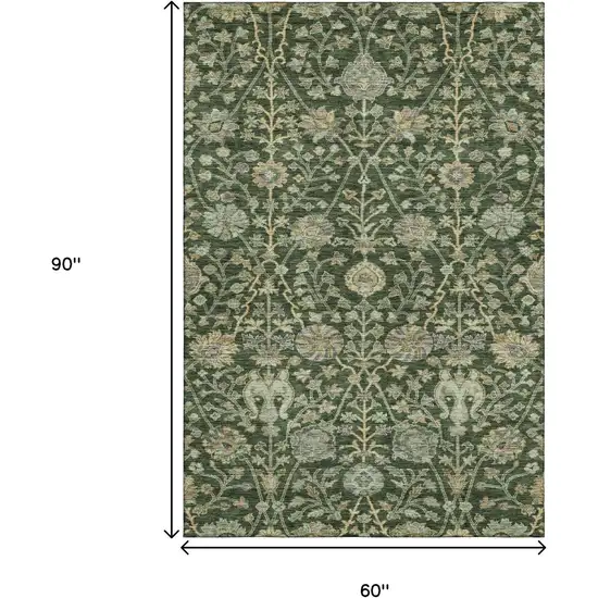 Green And Beige Floral Washable Area Rug With UV Protection Photo 9