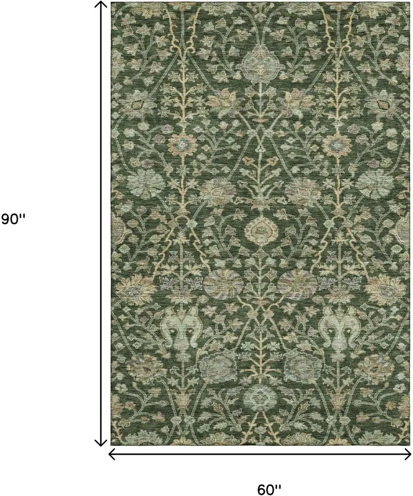 Green And Beige Floral Washable Area Rug With UV Protection Photo 9