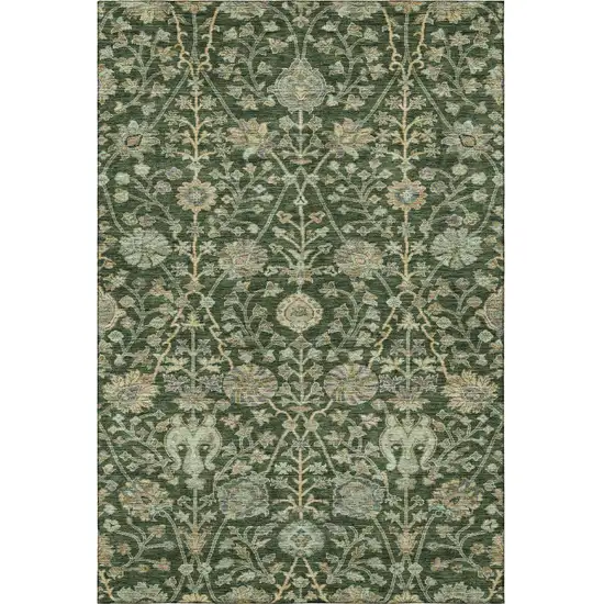 Green And Beige Floral Washable Area Rug With UV Protection Photo 2