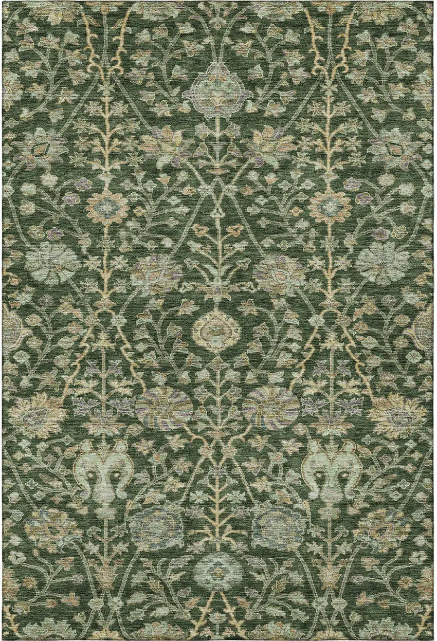 Green And Beige Floral Washable Area Rug With UV Protection Photo 2