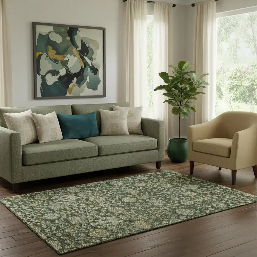 Green And Beige Floral Washable Area Rug With UV Protection Photo 2