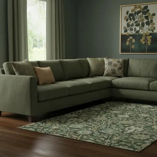 Green And Beige Floral Washable Area Rug With UV Protection Photo 2