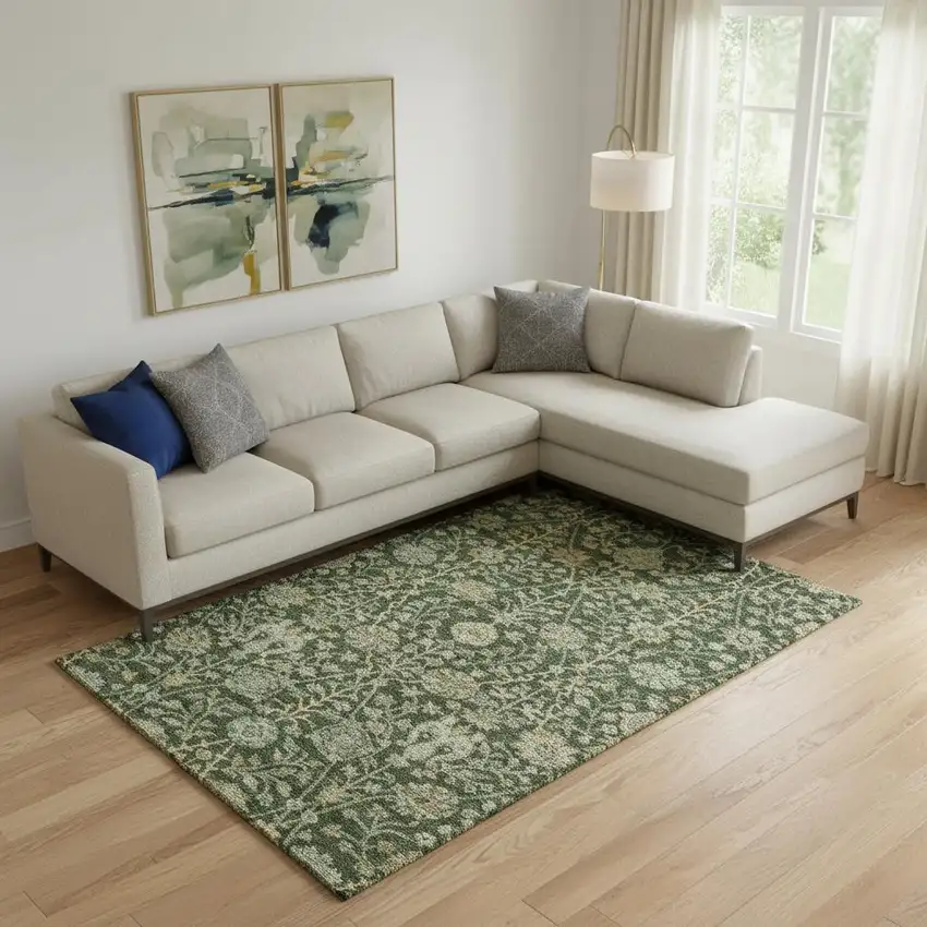 Green And Beige Floral Washable Area Rug With UV Protection Photo 2