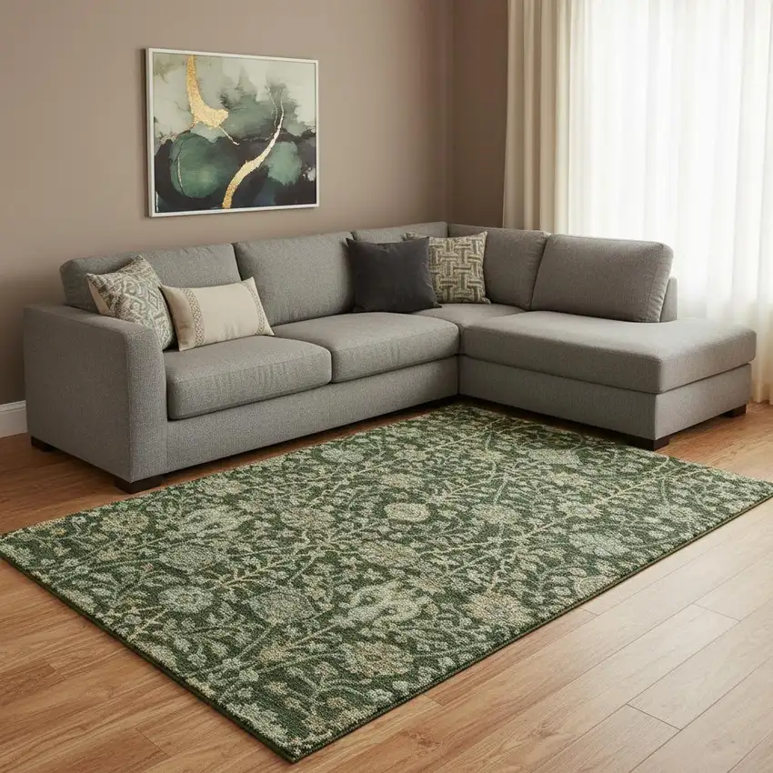 Green And Beige Floral Washable Area Rug With UV Protection Photo 2