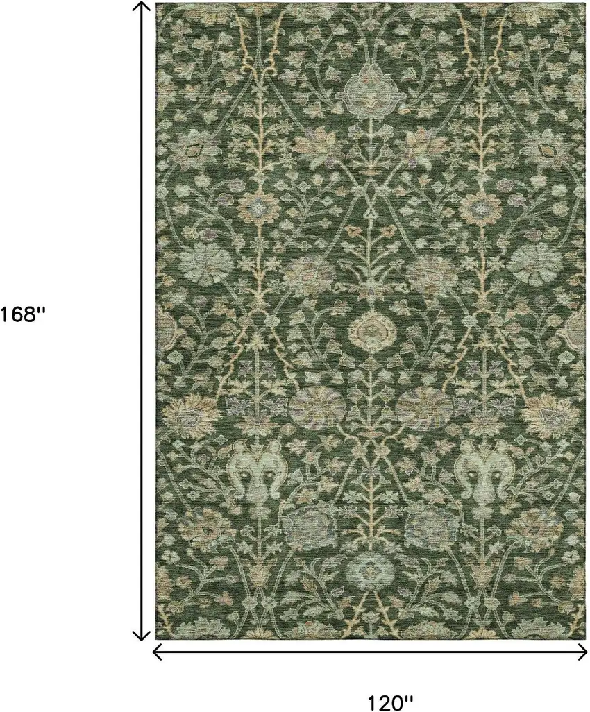 Green And Beige Floral Washable Area Rug With UV Protection Photo 9