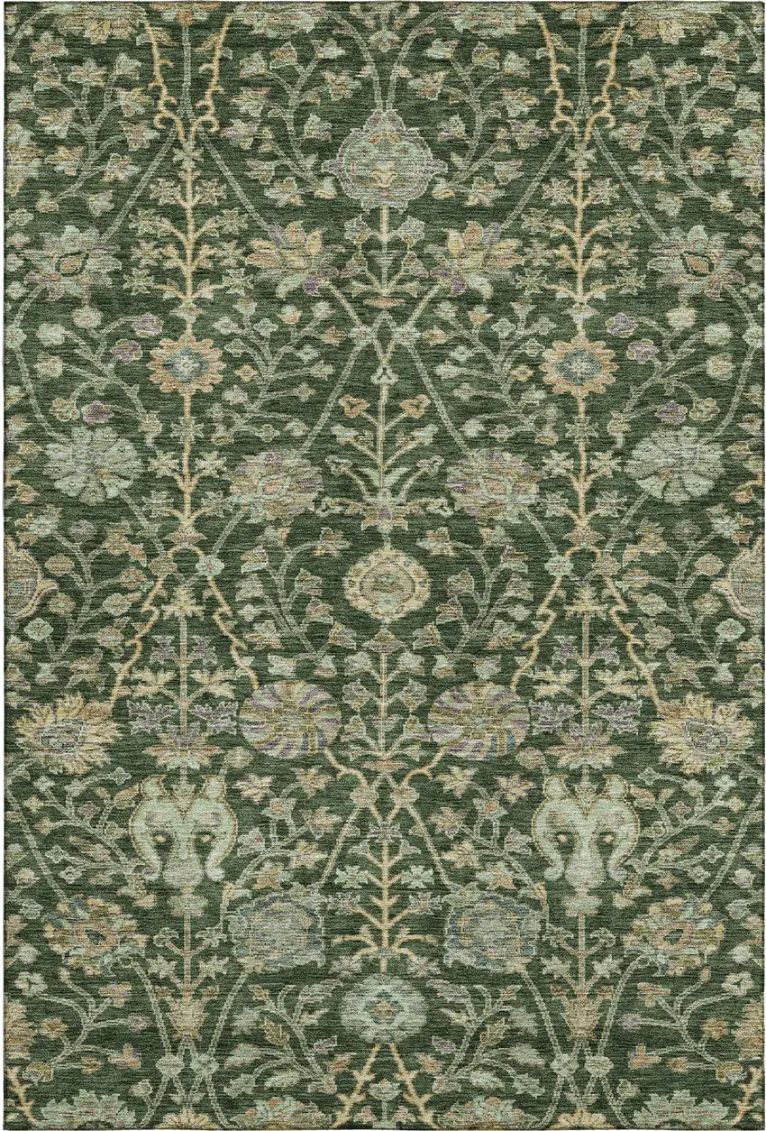 Green And Beige Floral Washable Area Rug With UV Protection Photo 1