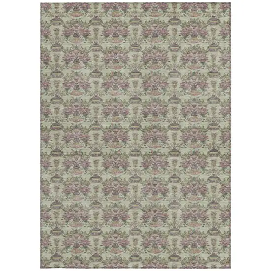Green And Beige Floral Washable Indoor Outdoor Area Rug Photo 4