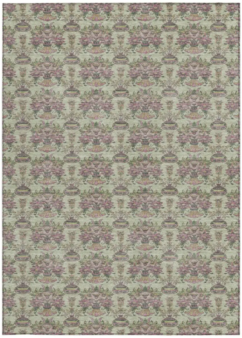 Green And Beige Floral Washable Indoor Outdoor Area Rug Photo 4