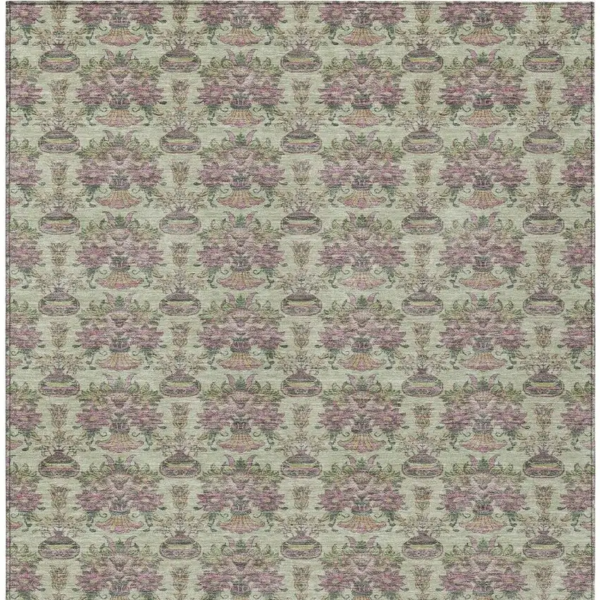 Green And Beige Floral Washable Indoor Outdoor Area Rug Photo 6