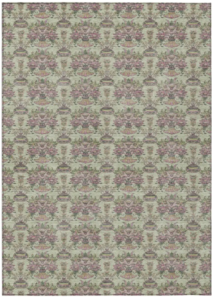 Green And Beige Floral Washable Indoor Outdoor Area Rug Photo 2
