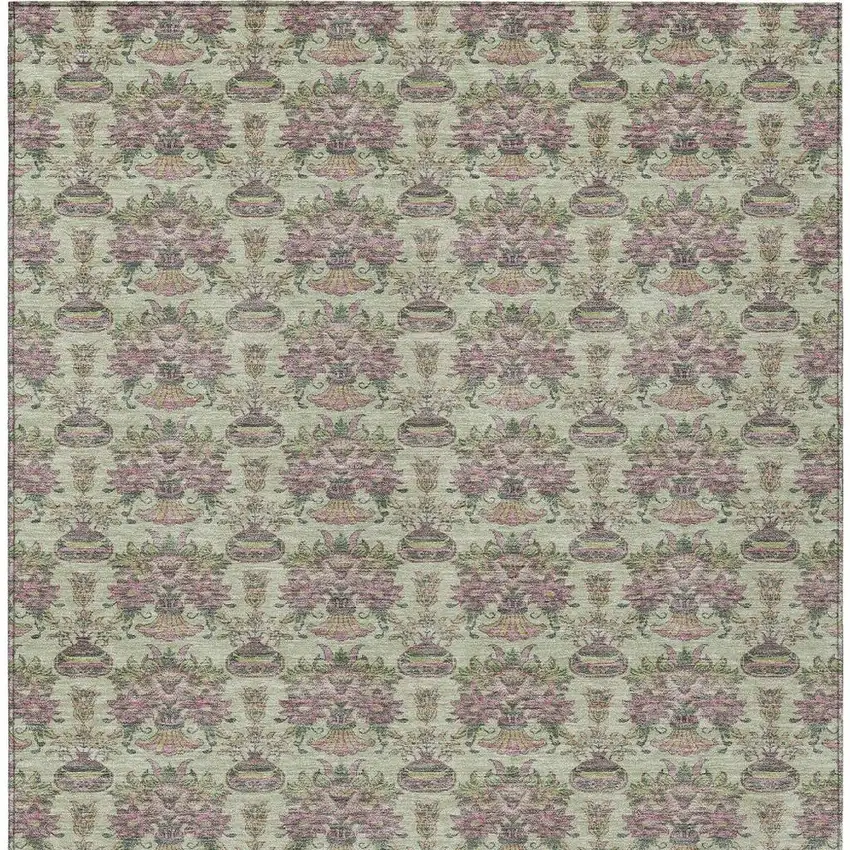 Green And Beige Floral Washable Indoor Outdoor Area Rug Photo 3