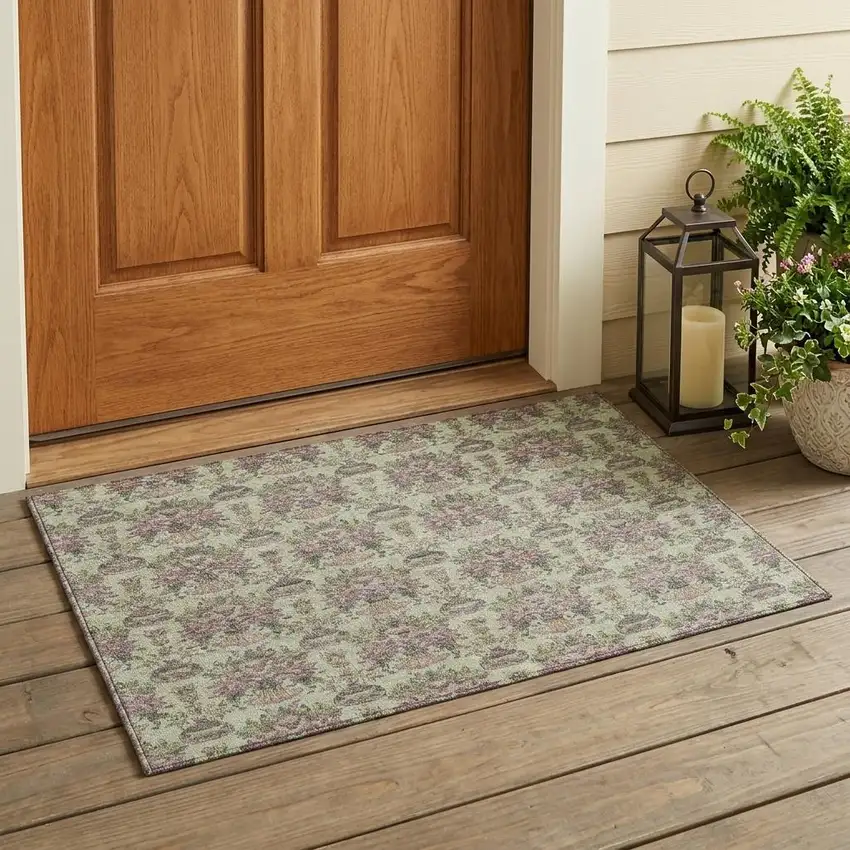 Green And Beige Floral Washable Indoor Outdoor Area Rug Photo 1