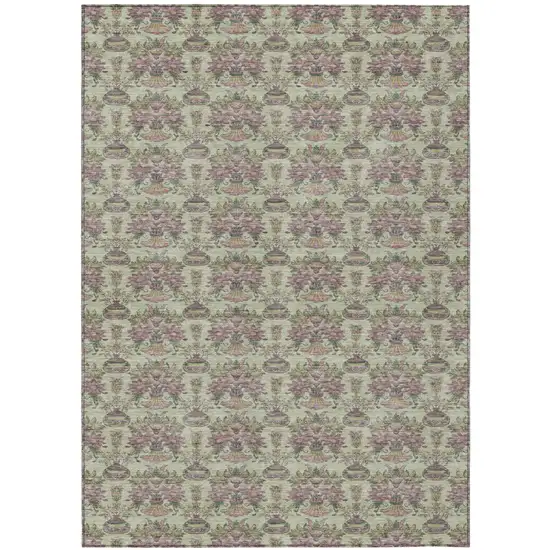 Green And Beige Floral Washable Indoor Outdoor Area Rug Photo 2