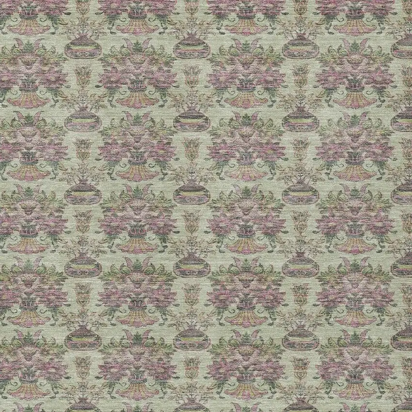 Green And Beige Floral Washable Indoor Outdoor Area Rug Photo 5