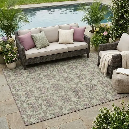 Green And Beige Floral Washable Indoor Outdoor Area Rug Photo 1