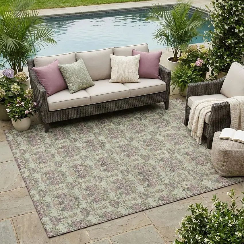 Green And Beige Floral Washable Indoor Outdoor Area Rug Photo 1