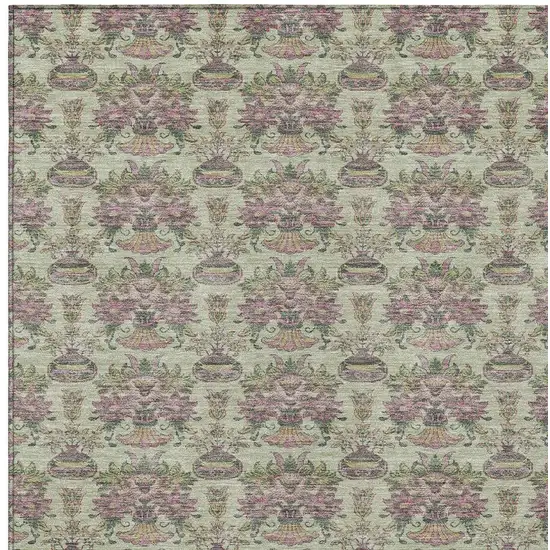 Green And Beige Floral Washable Indoor Outdoor Area Rug Photo 3