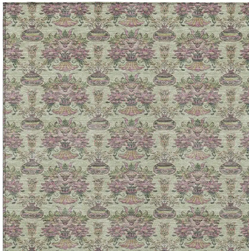 Green And Beige Floral Washable Indoor Outdoor Area Rug Photo 3