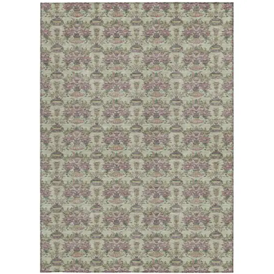 Green And Beige Floral Washable Indoor Outdoor Area Rug Photo 3