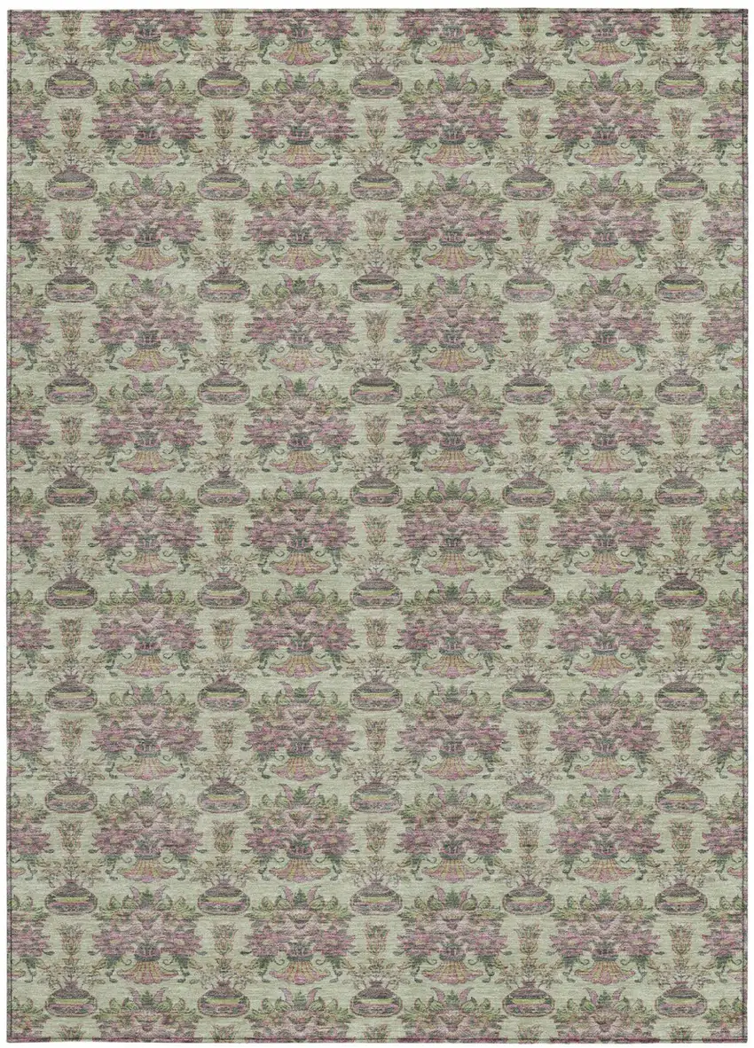 Green And Beige Floral Washable Indoor Outdoor Area Rug Photo 3
