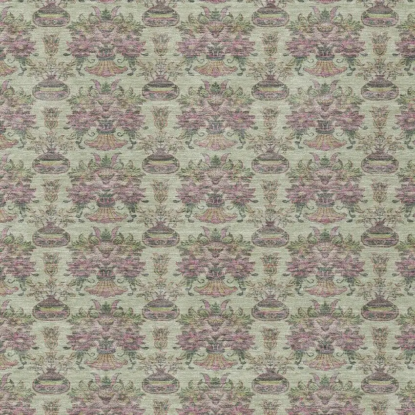 Green And Beige Floral Washable Indoor Outdoor Area Rug Photo 4