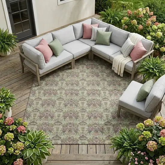 Green And Beige Floral Washable Indoor Outdoor Area Rug Photo 1