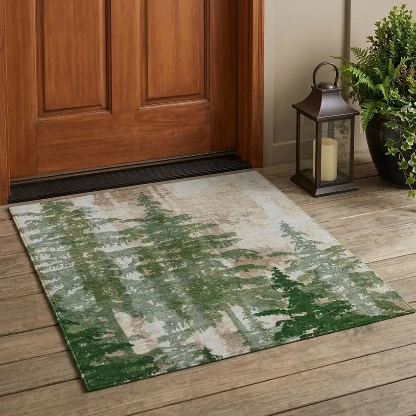 Green And Beige Floral Washable Indoor Outdoor Area Rug Photo 1