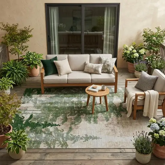 Green And Beige Floral Washable Indoor Outdoor Area Rug Photo 1
