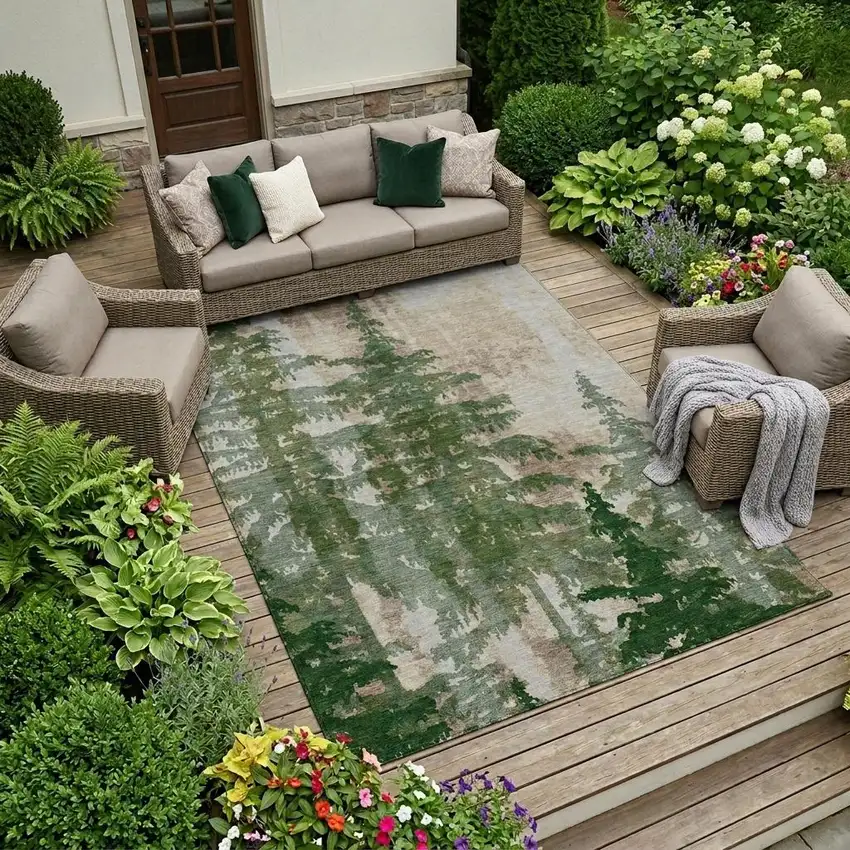 Green And Beige Floral Washable Indoor Outdoor Area Rug Photo 1