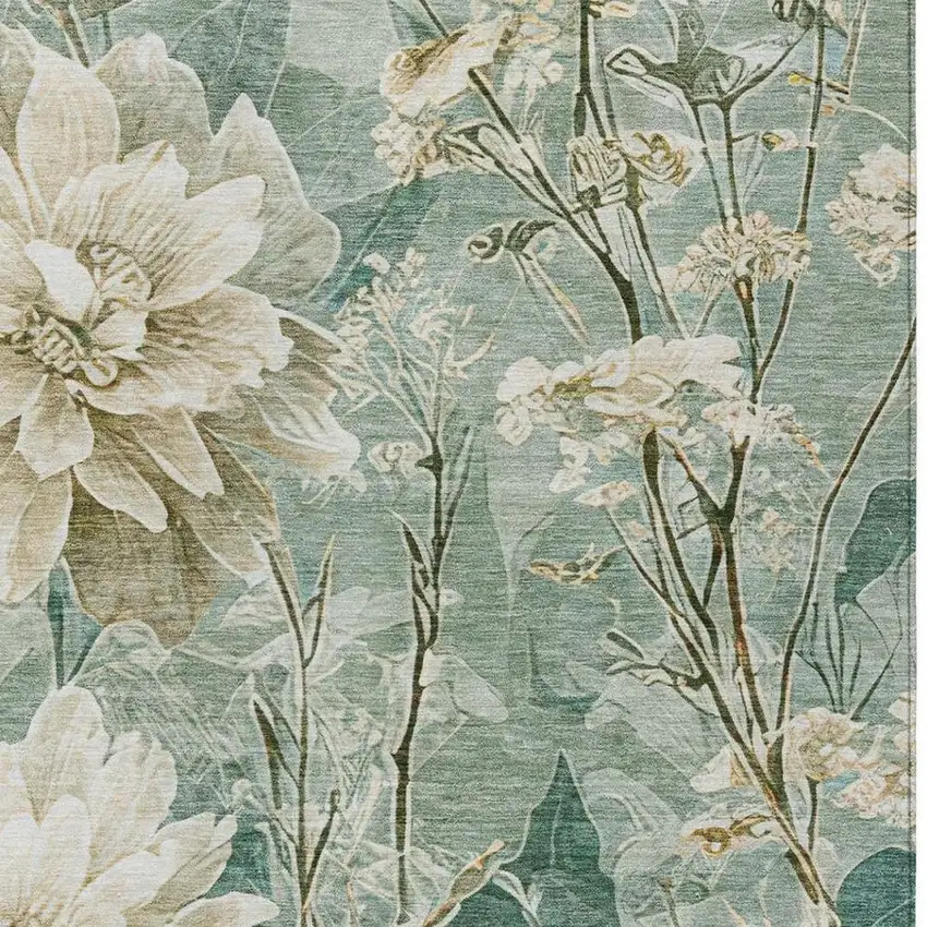 Green And Beige Floral Washable Indoor Outdoor Area Rug Photo 8