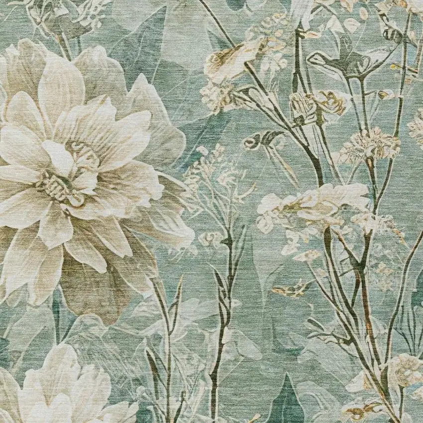 Green And Beige Floral Washable Indoor Outdoor Area Rug Photo 8