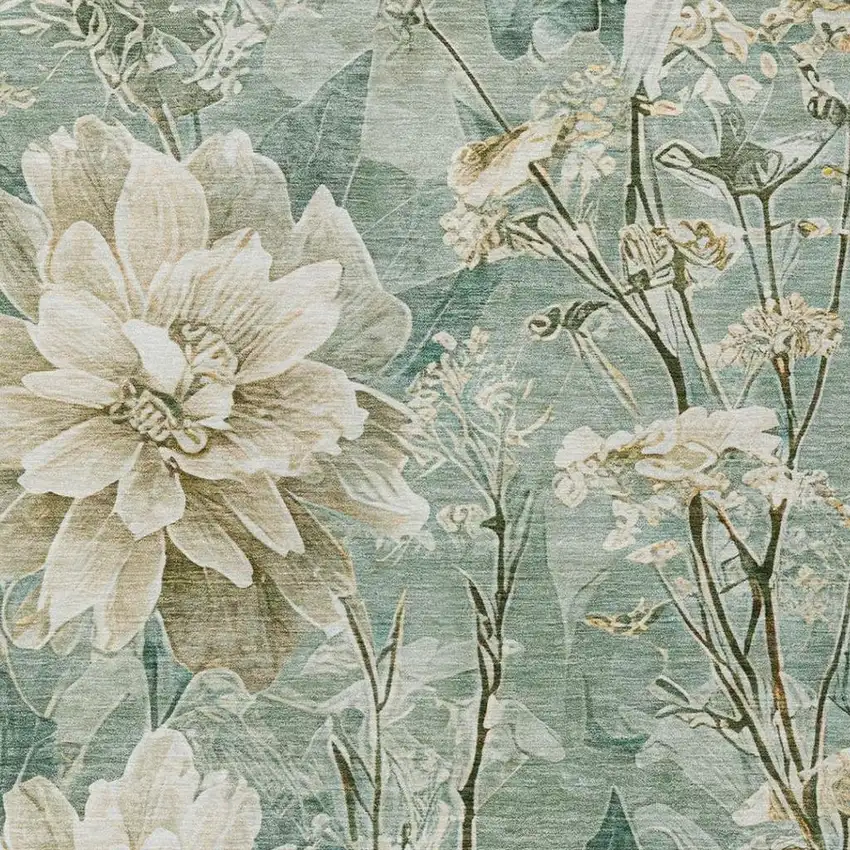 Green And Beige Floral Washable Indoor Outdoor Area Rug Photo 9
