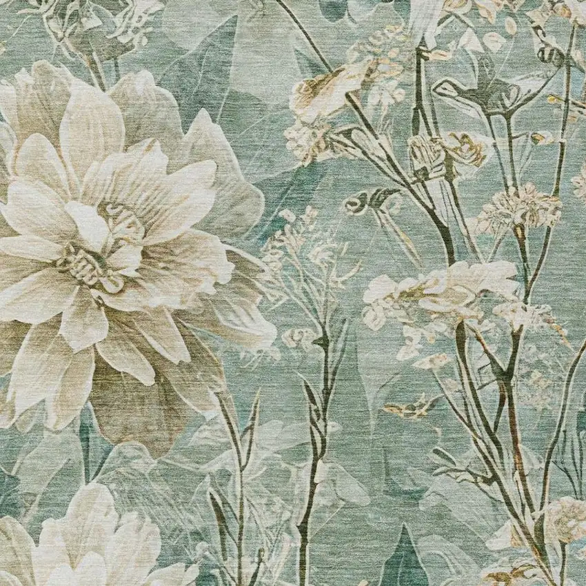 Green And Beige Floral Washable Indoor Outdoor Area Rug Photo 4
